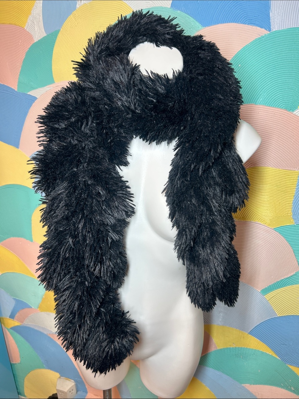 Black Fuzzy Faux Fur Elastic swirl Scarf - Picture 3 of 6